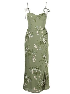 Reformation Kourtney Dress: Olive Green Floral Slip Midi Dress - Size 8